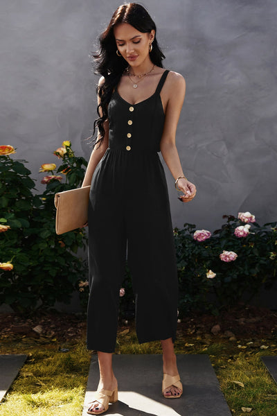 Decorative Button Wide Leg Cropped Jumpsuit - SHE BADDY© ONLINE WOMEN FASHION & CLOTHING STORE