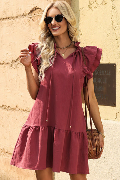 Ruffle Shoulder Tie-Neck Tiered Dress - SHE BADDY© ONLINE WOMEN FASHION & CLOTHING STORE