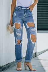 Distressed Frayed Trim Straight Leg Jeans - SHE BADDY© ONLINE WOMEN FASHION & CLOTHING STORE