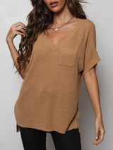 V-Neck Slit High-Low Knit Top - SHE BADDY© ONLINE WOMEN FASHION & CLOTHING STORE