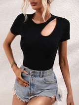 Cutout Round Neck Short Sleeve Knit Top - SHE BADDY© ONLINE WOMEN FASHION & CLOTHING STORE