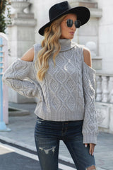 Cold Shoulder Textured Turtleneck Sweater - SHE BADDY© ONLINE WOMEN FASHION & CLOTHING STORE