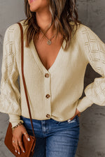 Button Front Ribbed Lantern Sleeve Cardigan - SHE BADDY© ONLINE WOMEN FASHION & CLOTHING STORE