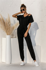 Cut Out V-neck Drawstring Jumpsuit - SHE BADDY© ONLINE WOMEN FASHION & CLOTHING STORE