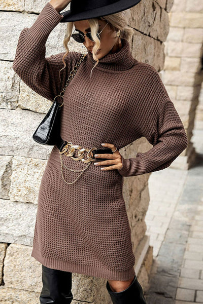 Turtleneck Dropped Shoulder Mini Sweater Dress - SHE BADDY© ONLINE WOMEN FASHION & CLOTHING STORE