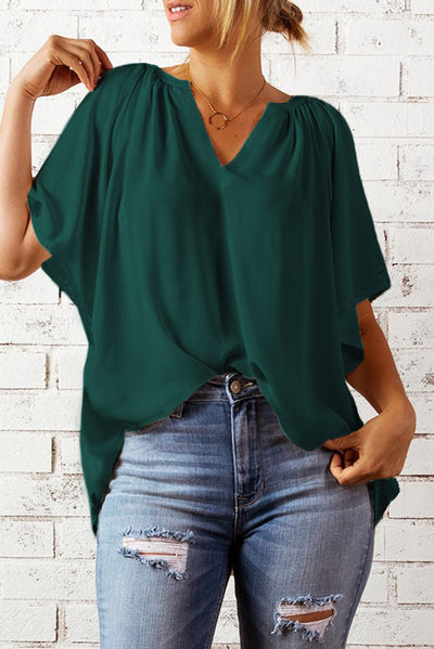 Gathered Detail Notched Neck Flutter Sleeve Top - SHE BADDY© ONLINE WOMEN FASHION & CLOTHING STORE