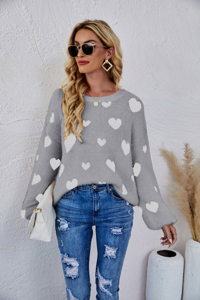 Heart Print Fuzzy Crewneck Long Sleeve Sweater - SHE BADDY© ONLINE WOMEN FASHION & CLOTHING STORE