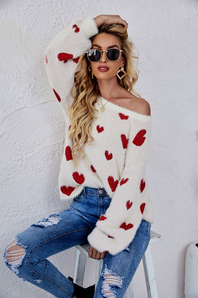 Heart Print Fuzzy Crewneck Long Sleeve Sweater - SHE BADDY© ONLINE WOMEN FASHION & CLOTHING STORE