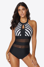 Striped Cutout Spliced Mesh Halter Neck One-Piece Swimsuit - SHE BADDY© ONLINE WOMEN FASHION & CLOTHING STORE