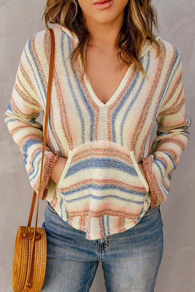 Striped Hooded Sweater with Kangaroo Pocket - SHE BADDY© ONLINE WOMEN FASHION & CLOTHING STORE