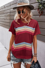 Multicolored Chevron Stripe Round Neck Side Slit T-Shirt - SHE BADDY© ONLINE WOMEN FASHION & CLOTHING STORE