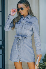 Button Down Collared Neck Belted Denim Dress - SHE BADDY© ONLINE WOMEN FASHION & CLOTHING STORE