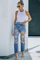 Distressed Frayed Trim Straight Leg Jeans - SHE BADDY© ONLINE WOMEN FASHION & CLOTHING STORE