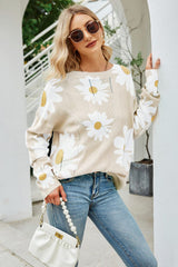 Daisy Print Openwork Round Neck Sweater - SHE BADDY© ONLINE WOMEN FASHION & CLOTHING STORE