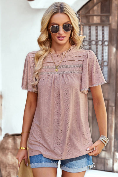 Frill Trim Round Neck Eyelet Puff Sleeve Blouse - SHE BADDY© ONLINE WOMEN FASHION & CLOTHING STORE