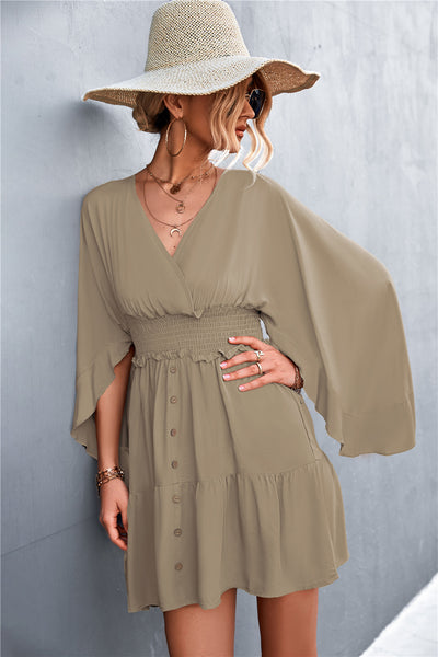 Decorative Button Smocked Waist Surplice Dress - SHE BADDY© ONLINE WOMEN FASHION & CLOTHING STORE