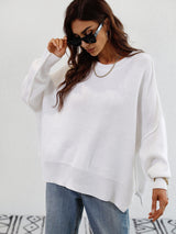 Exposed Seam Dropped Shoulder Slit Sweater - SHE BADDY© ONLINE WOMEN FASHION & CLOTHING STORE