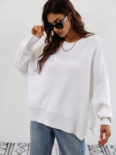 Exposed Seam Dropped Shoulder Slit Sweater - SHE BADDY© ONLINE WOMEN FASHION & CLOTHING STORE