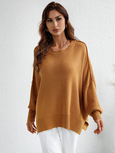 Exposed Seam Dropped Shoulder Slit Sweater - SHE BADDY© ONLINE WOMEN FASHION & CLOTHING STORE