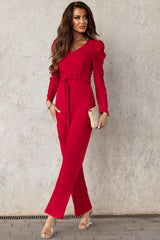 Belted Long Puff Sleeve V-Neck Jumpsuit - SHE BADDY© ONLINE WOMEN FASHION & CLOTHING STORE