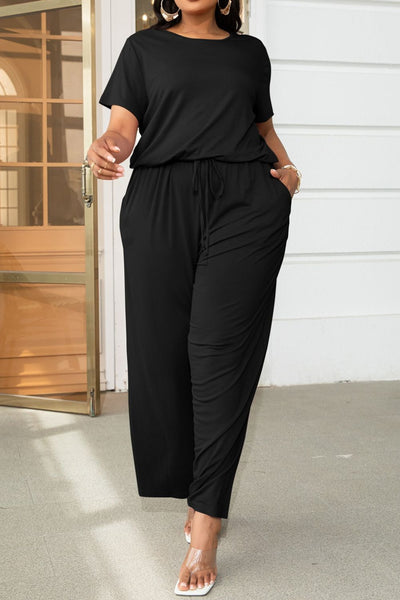 Plus Size Drawstring Waist Short Sleeve Jumpsuit - SHE BADDY© ONLINE WOMEN FASHION & CLOTHING STORE