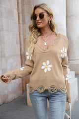 Flower Distressed Ribbed Trim Sweater - SHE BADDY© ONLINE WOMEN FASHION & CLOTHING STORE