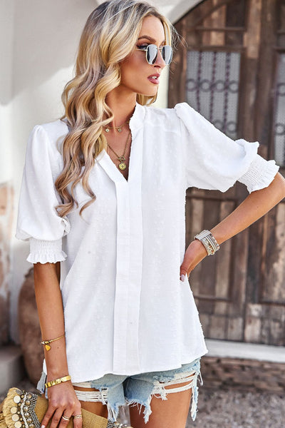 Textured Notched Neck Puff Sleeve Blouse - SHE BADDY© ONLINE WOMEN FASHION & CLOTHING STORE