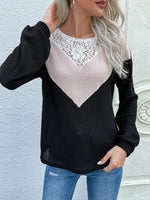 Lace Yoke Waffle Knit Top - SHE BADDY© ONLINE WOMEN FASHION & CLOTHING STORE