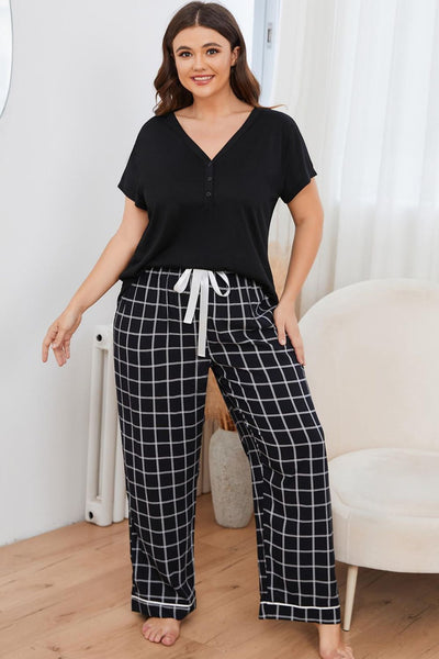 Plus Size V-Neck Top and Plaid Pants Lounge Set - SHE BADDY© ONLINE WOMEN FASHION & CLOTHING STORE