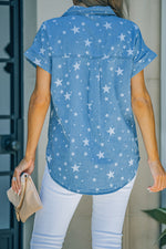 Star Print Button-Up Cuffed Short Sleeve Shirt - SHE BADDY© ONLINE WOMEN FASHION & CLOTHING STORE