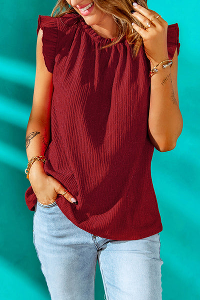 Textured Flutter Sleeve Frill Neck Blouse - SHE BADDY© ONLINE WOMEN FASHION & CLOTHING STORE