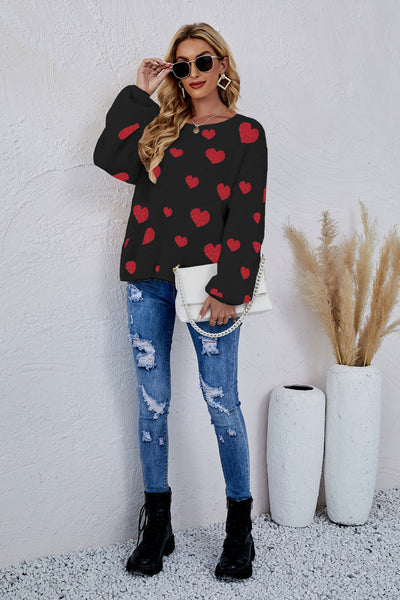 Heart Print Fuzzy Crewneck Long Sleeve Sweater - SHE BADDY© ONLINE WOMEN FASHION & CLOTHING STORE