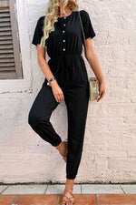 Button Front Short Sleeve Jogger Jumpsuit - SHE BADDY© ONLINE WOMEN FASHION & CLOTHING STORE
