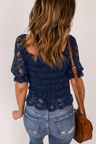 Lace Smocked Flounce Sleeve Blouse - SHE BADDY© ONLINE WOMEN FASHION & CLOTHING STORE