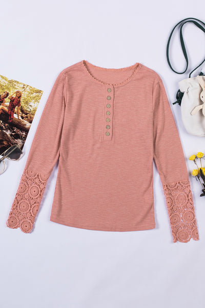 Crochet Lace Hem Sleeve Button Top - SHE BADDY© ONLINE WOMEN FASHION & CLOTHING STORE