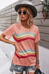 Multicolored Chevron Stripe Round Neck Side Slit T-Shirt - SHE BADDY© ONLINE WOMEN FASHION & CLOTHING STORE