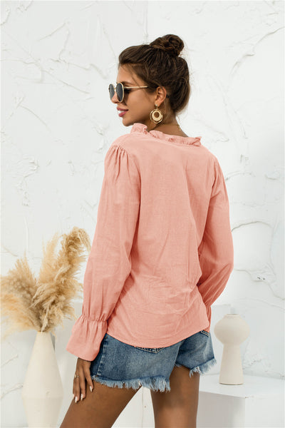 Frill Trim V-Neck Flounce Sleeve Shirt - SHE BADDY© ONLINE WOMEN FASHION & CLOTHING STORE