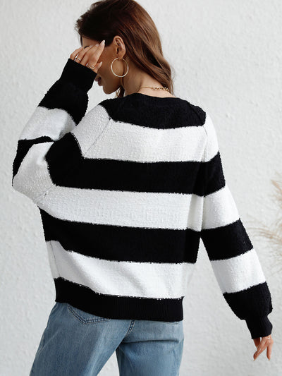 Striped Raglan Sleeve Ribbed Trim Knit Top - SHE BADDY© ONLINE WOMEN FASHION & CLOTHING STORE