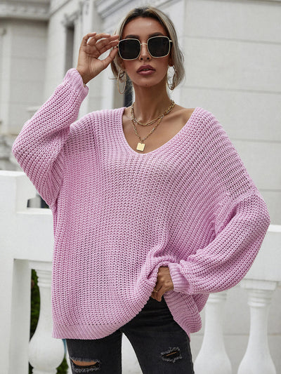 Rib-Knit Drop Shoulder V-Neck Pullover Sweater - SHE BADDY© ONLINE WOMEN FASHION & CLOTHING STORE