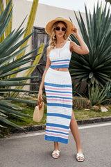 Striped Openwork Cropped Tank and Split Skirt Set - SHE BADDY© ONLINE WOMEN FASHION & CLOTHING STORE
