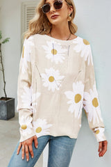 Daisy Print Openwork Round Neck Sweater - SHE BADDY© ONLINE WOMEN FASHION & CLOTHING STORE