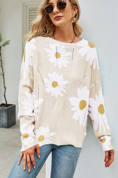 Daisy Print Openwork Round Neck Sweater - SHE BADDY© ONLINE WOMEN FASHION & CLOTHING STORE