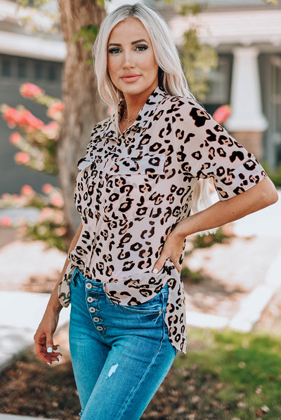 Leopard Button Front Short Sleeve Shirt with Breast Pockets - SHE BADDY© ONLINE WOMEN FASHION & CLOTHING STORE