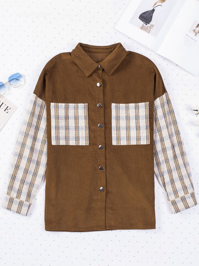 Plaid Corduroy Shirt Jacket with Pockets - SHE BADDY© ONLINE WOMEN FASHION & CLOTHING STORE