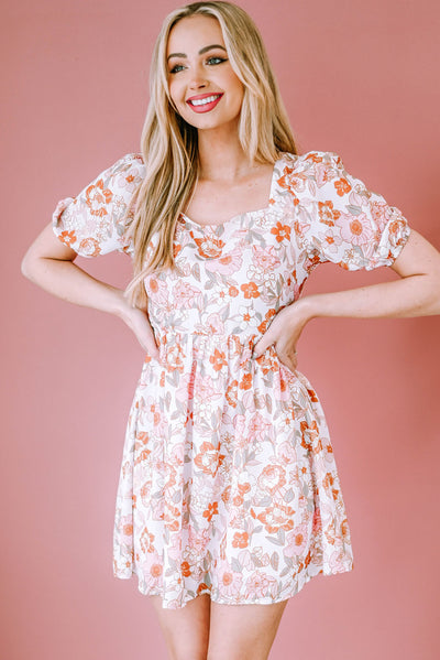 Floral Tie-Back Puff Sleeve Dress - SHE BADDY© ONLINE WOMEN FASHION & CLOTHING STORE
