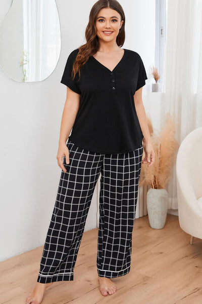 Plus Size V-Neck Top and Plaid Pants Lounge Set - SHE BADDY© ONLINE WOMEN FASHION & CLOTHING STORE