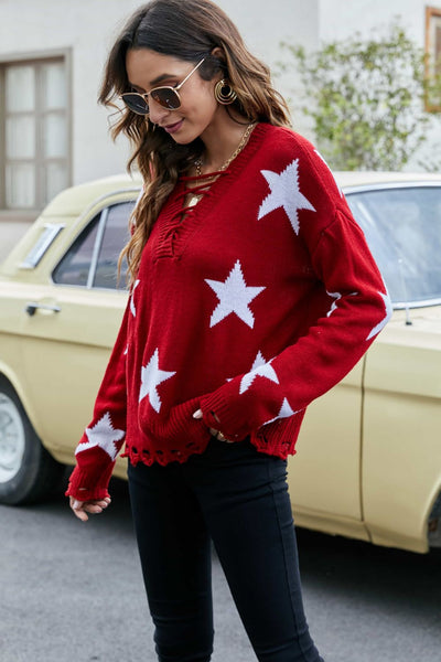 Star Pattern Lace-Up Drop Shoulder Sweater - SHE BADDY© ONLINE WOMEN FASHION & CLOTHING STORE