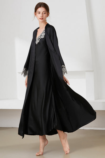Contrast Lace Trim Satin Night Dress and Robe Set - SHE BADDY© ONLINE WOMEN FASHION & CLOTHING STORE