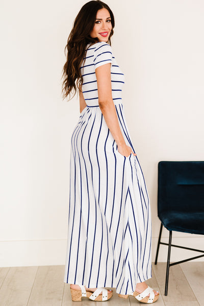 Striped Short Sleeve Crewneck Maxi Dress - SHE BADDY© ONLINE WOMEN FASHION & CLOTHING STORE