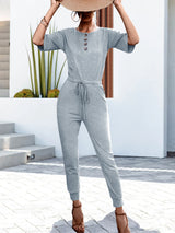 Buttoned Half Sleeve Round Neck Jumpsuit - SHE BADDY© ONLINE WOMEN FASHION & CLOTHING STORE
